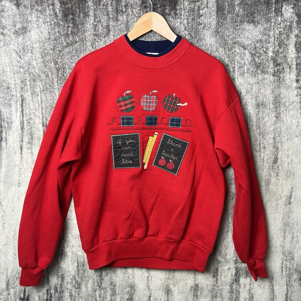 VTG 90s Valorie's Folk Art Jerzees Crewneck Pullover Collared Sz L Thank Teacher